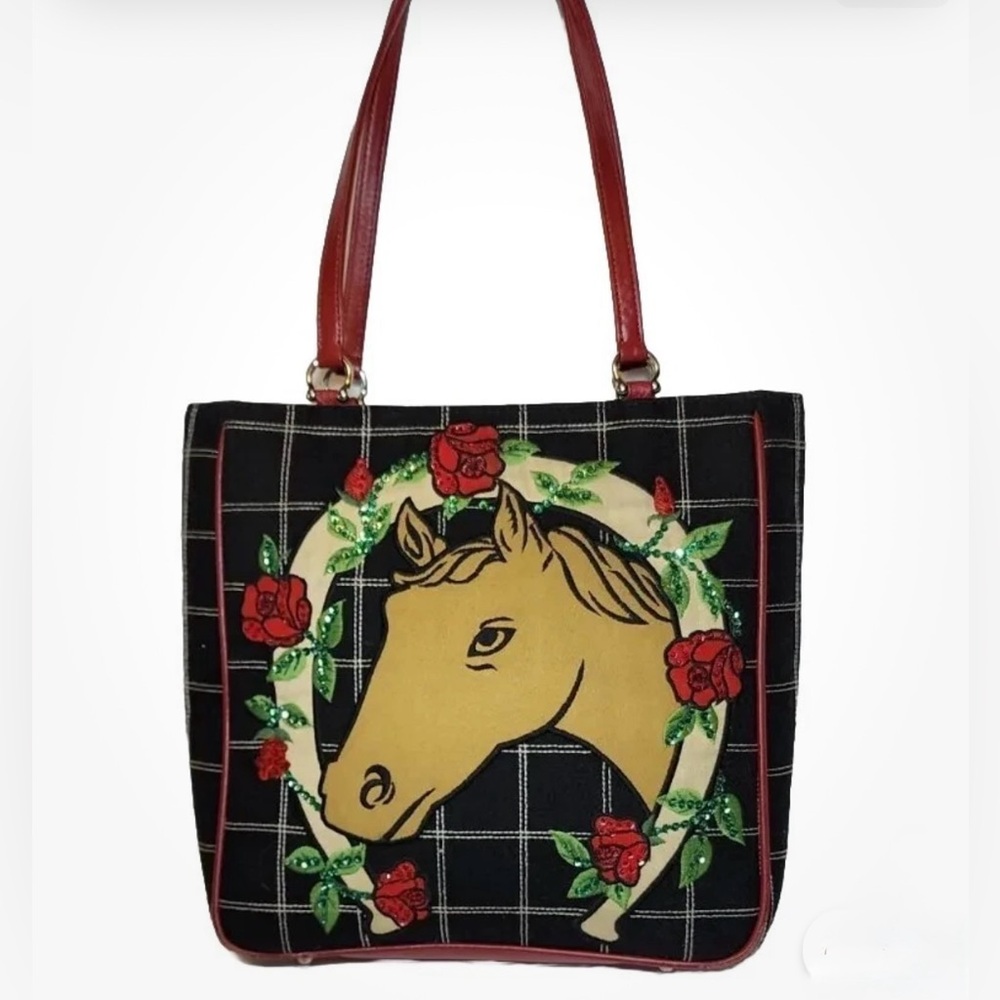 Isabella Fiore Good Luck Black Canvas Red Leather Horse Roses Sequined Handbag